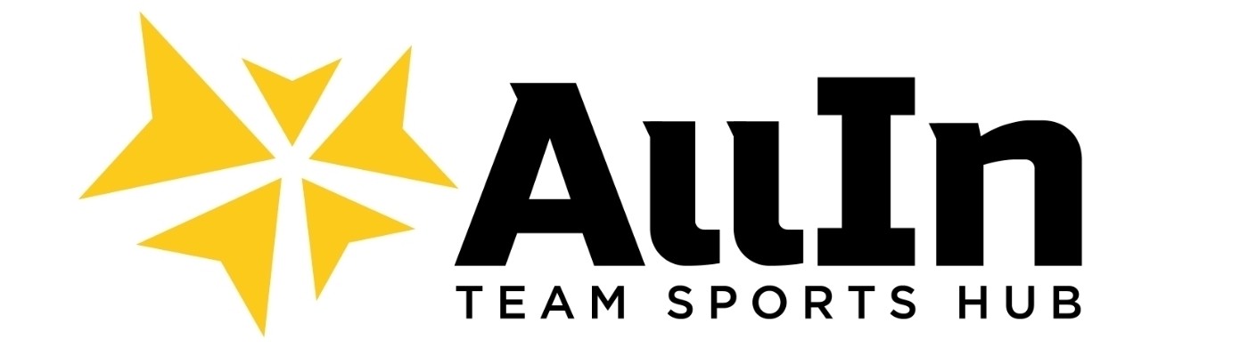 Logo for all in team sports with black font and an abstract yellow star.